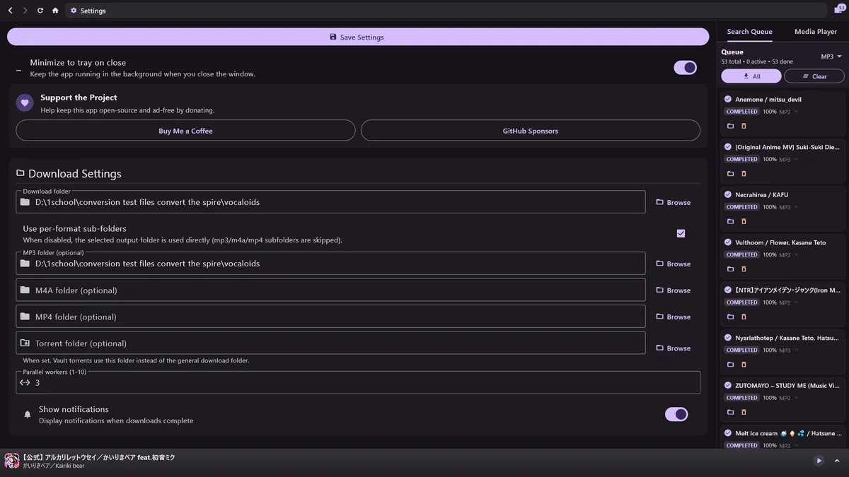 Settings page with configurable download folders and format options