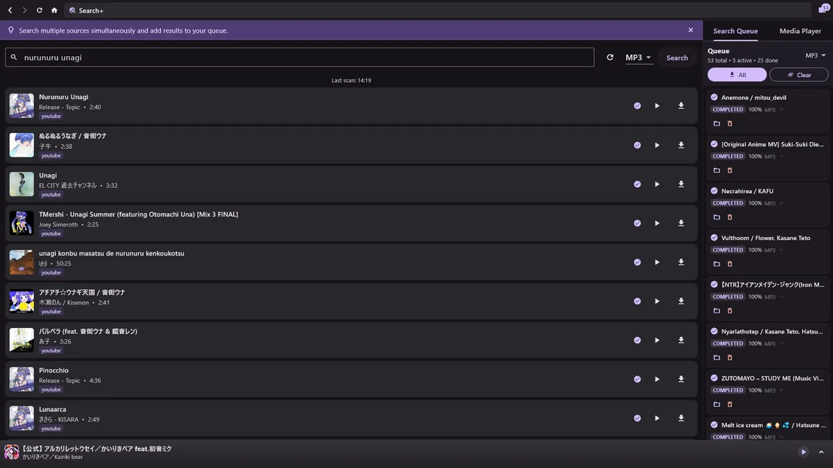 Search view showing live results from multiple sources
