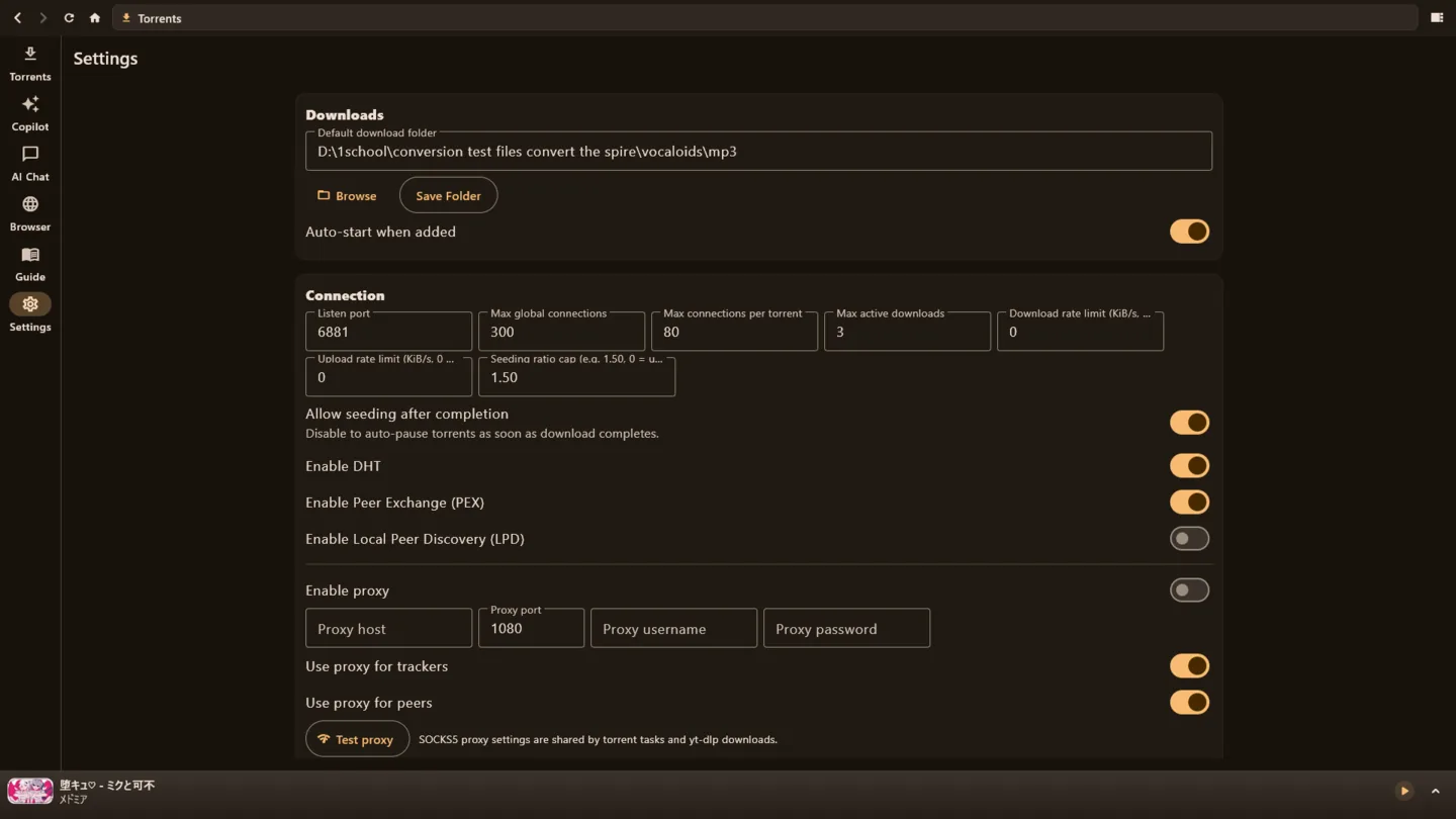 Full torrent settings: ports, connections, speed limits, DHT and a proxy