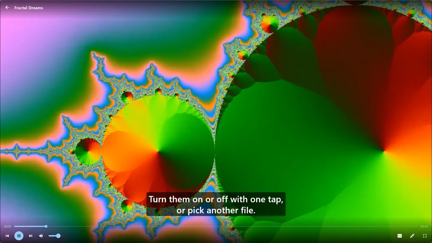 Large view: the video fills the window, with subtitles and slim controls