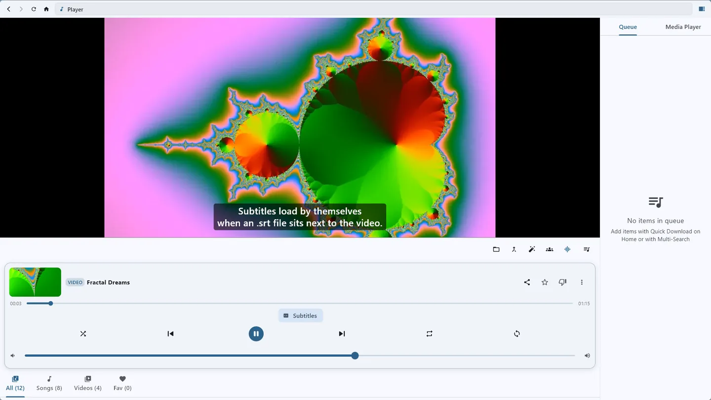 A video playing with subtitles loaded from an .srt file next to it